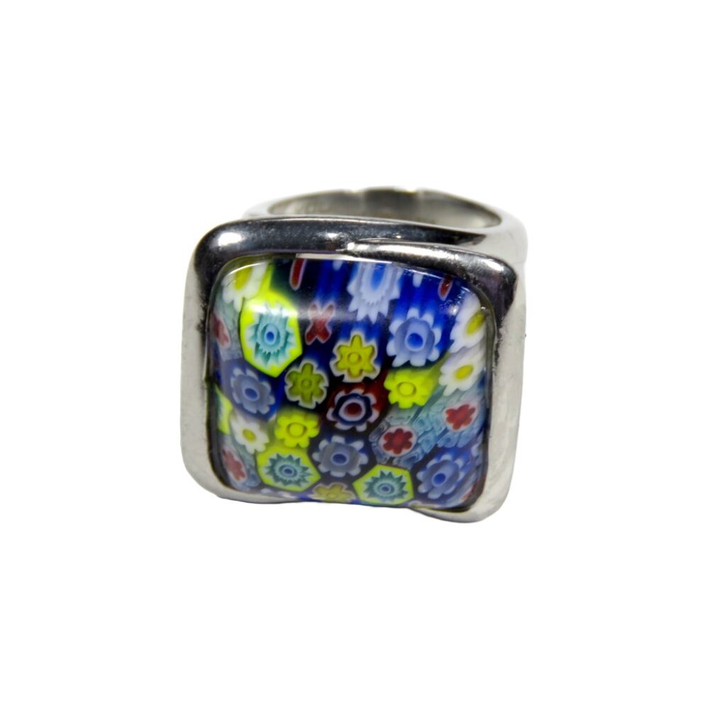 Inox Women's Polished Stainless Steel Floral Square Ring, Size 7